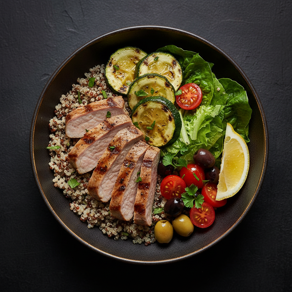 Bols de quinoa, de courgette | Filet de porc grillés