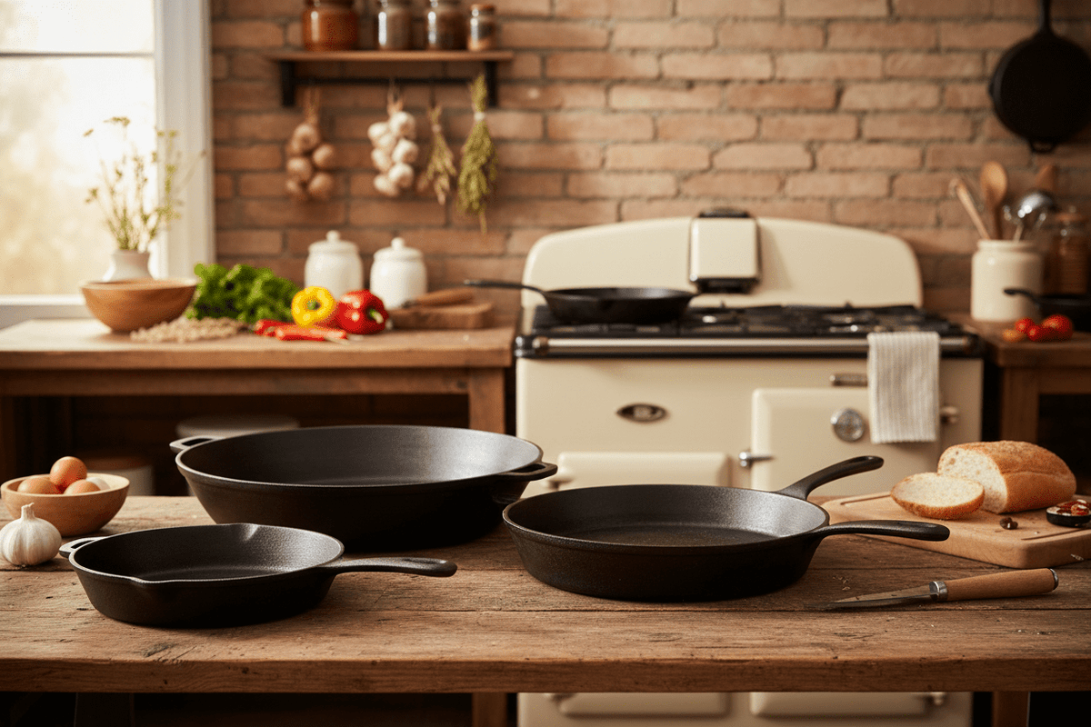 Poêles et woks en fonte dans cuisine rustique - Mon Univers Cuisine
