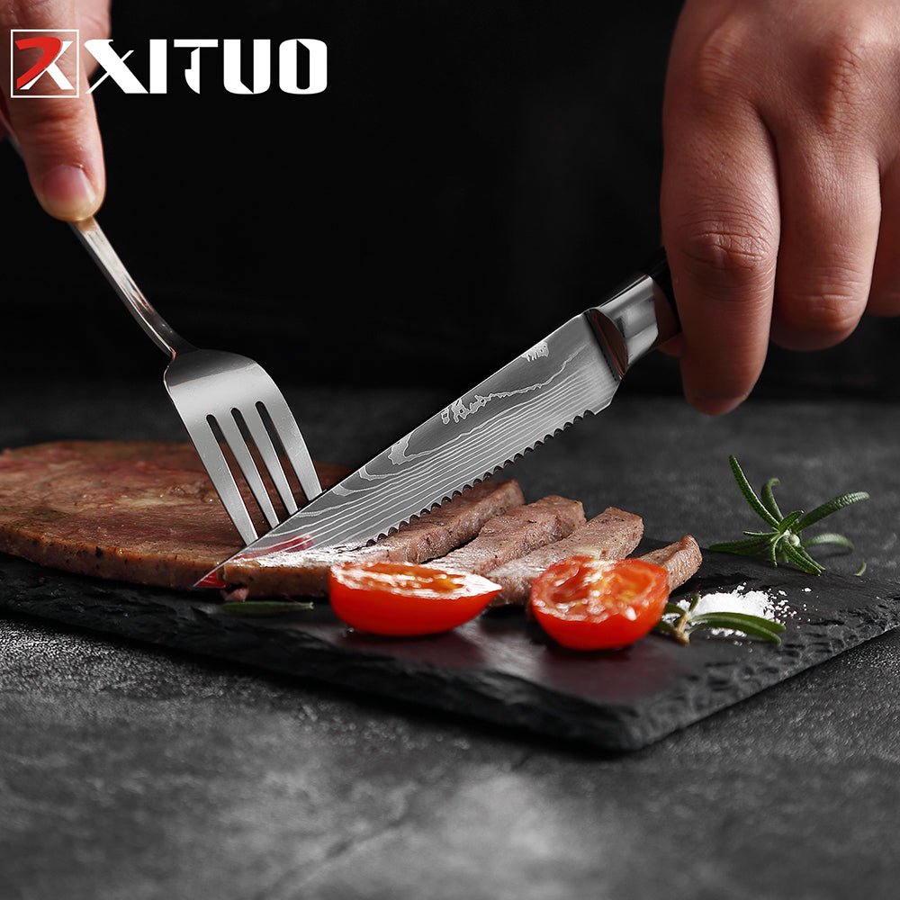 Couteau à Steak Acier Inoxydable | Motifs Damassé Manche Bois - Mon Univers Cuisine