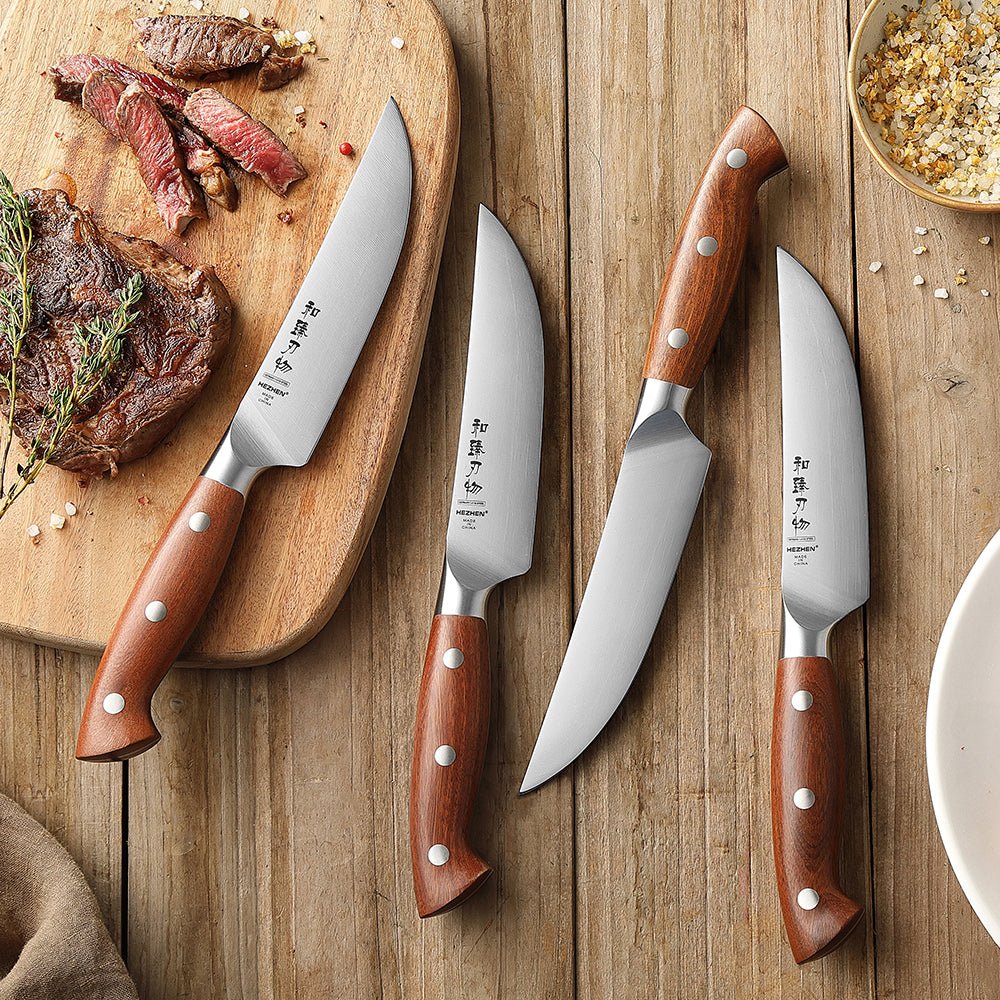 Couteau à Steak Hezhen en Acier Allemand 1.4116 | Manche en Bois Rouge - Mon Univers Cuisine