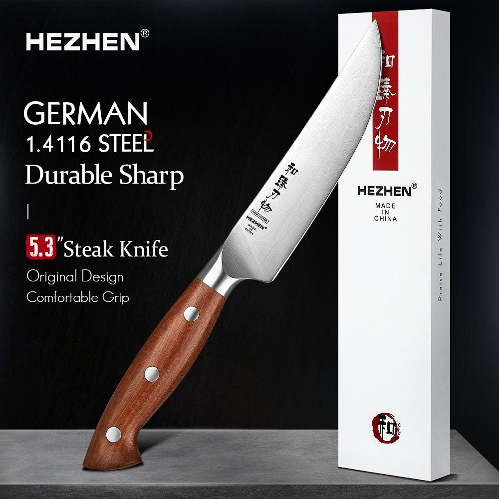 Couteau à Steak Hezhen en Acier Allemand 1.4116 | Manche en Bois Rouge - Mon Univers Cuisine