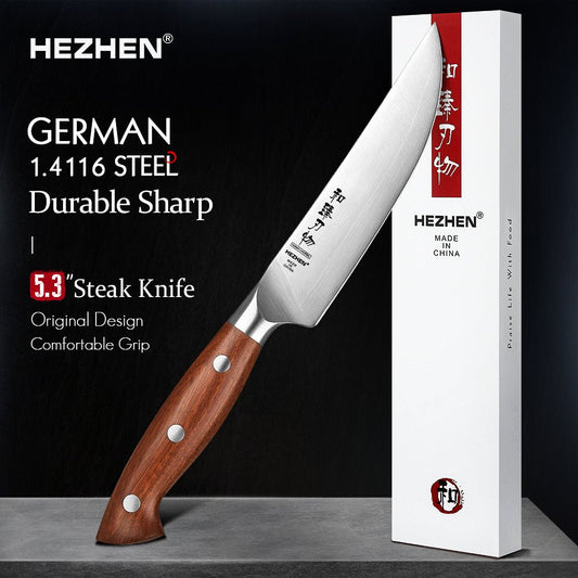 Couteau à Steak Hezhen en Acier Allemand 1.4116 | Manche en Bois Rouge - Mon Univers Cuisine