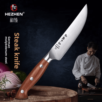 Couteau à Steak Hezhen en Acier Allemand 1.4116 | Manche en Bois Rouge - Mon Univers Cuisine