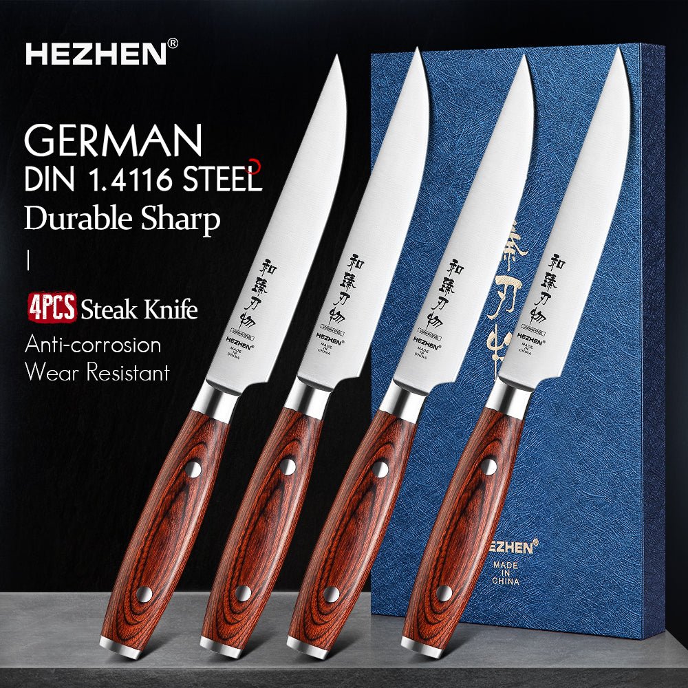 Couteau à Steak Hezhen en Acier Inoxydable Allemand 1.4116 | Manche en Bois - Mon Univers Cuisine