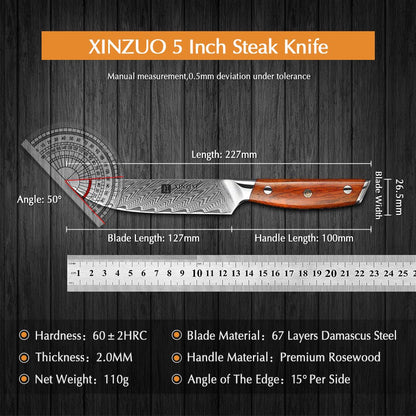 Couteau à Steak Xinzuo | Acier Damas 67 Couches Manche Bois de Rose - Mon Univers Cuisine