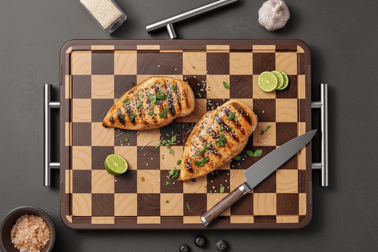 Planche à Découper Damier Double Face | Bois et Inox Premium - Mon Univers Cuisine