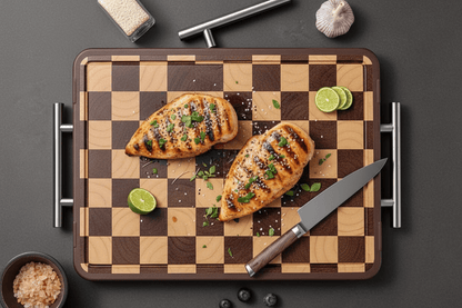 Planche à Découper Damier Double Face | Bois et Inox Premium - Mon Univers Cuisine