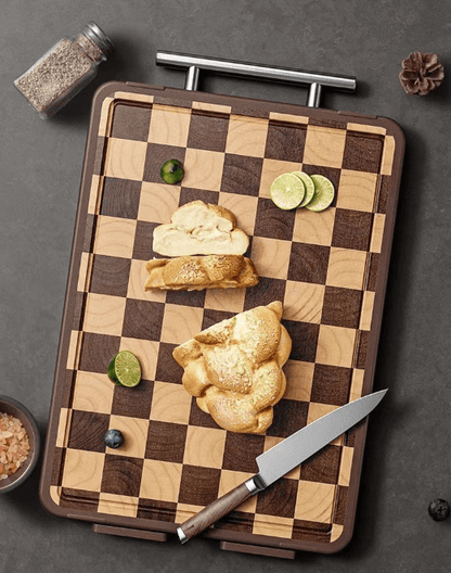 Planche à Découper Damier Double Face | Bois et Inox Premium - Mon Univers Cuisine